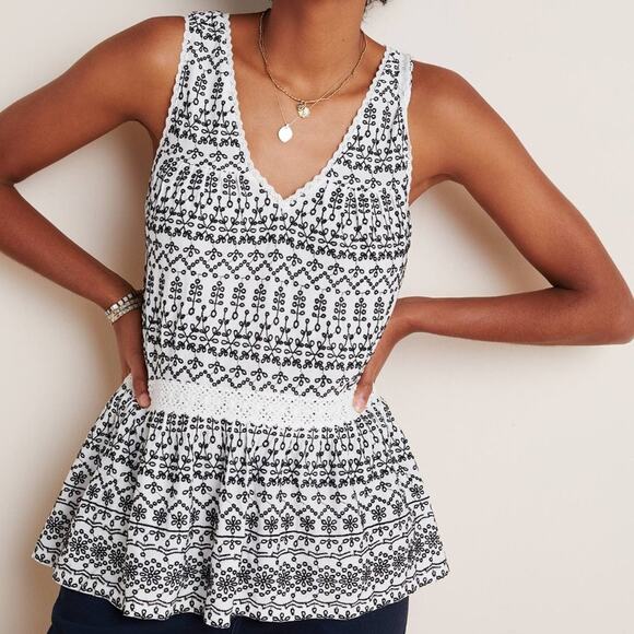 Anthropologie Ivory Cammie Embroidered Peplum Top - Picture 2 of 16